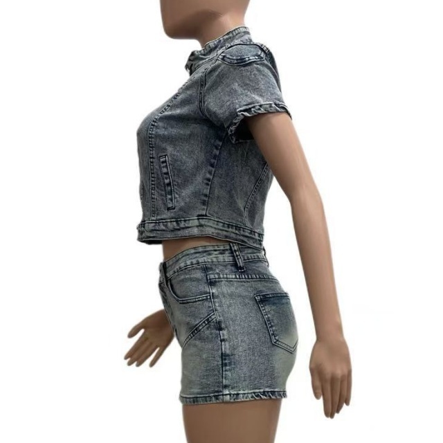 High-Stretch Washed Denim Casual Short Set