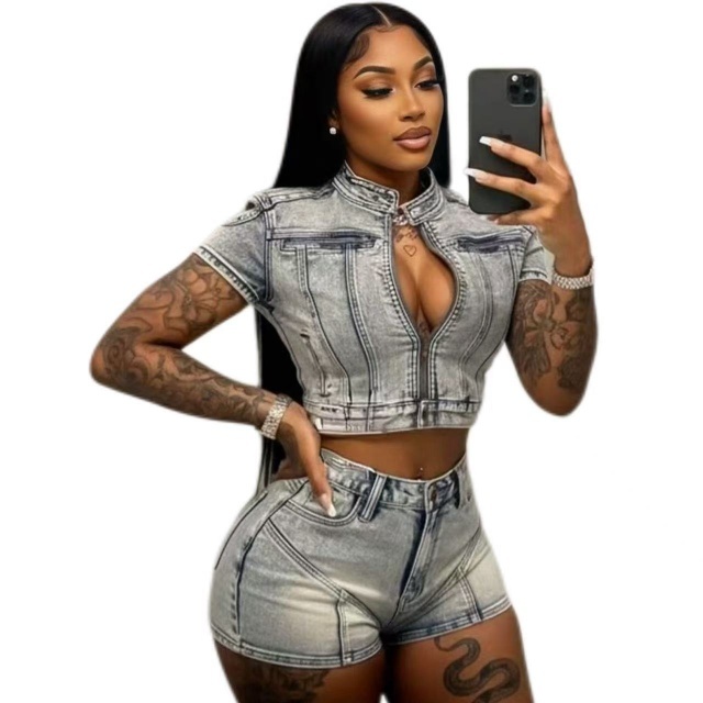High-Stretch Washed Denim Casual Short Set