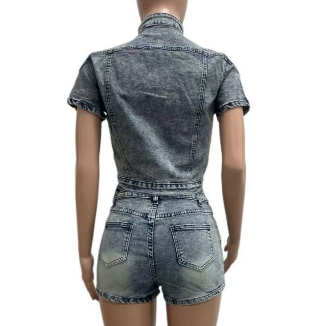 High-Stretch Washed Denim Casual Short Set