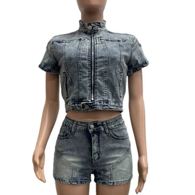 High-Stretch Washed Denim Casual Short Set