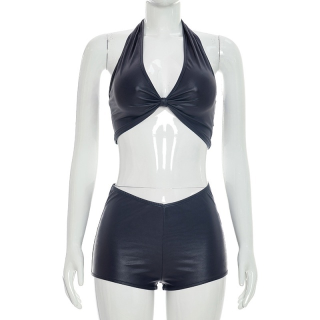Halter Neck Crop Top Slim Fitted Short Set