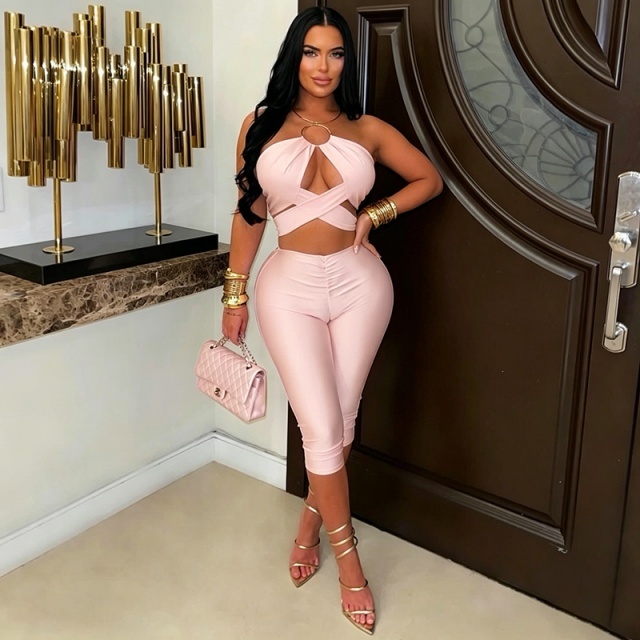Hollow Out Halter Crop Top Midi Pant Set