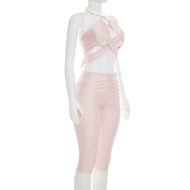 Hollow Out Halter Crop Top Midi Pant Set