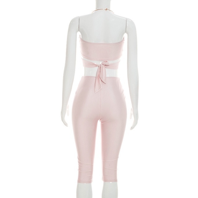 Hollow Out Halter Crop Top Midi Pant Set