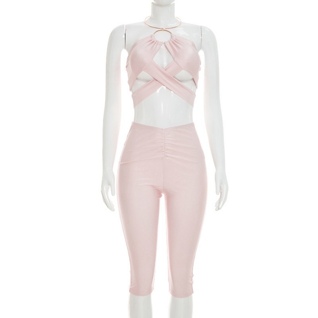 Hollow Out Halter Crop Top Midi Pant Set