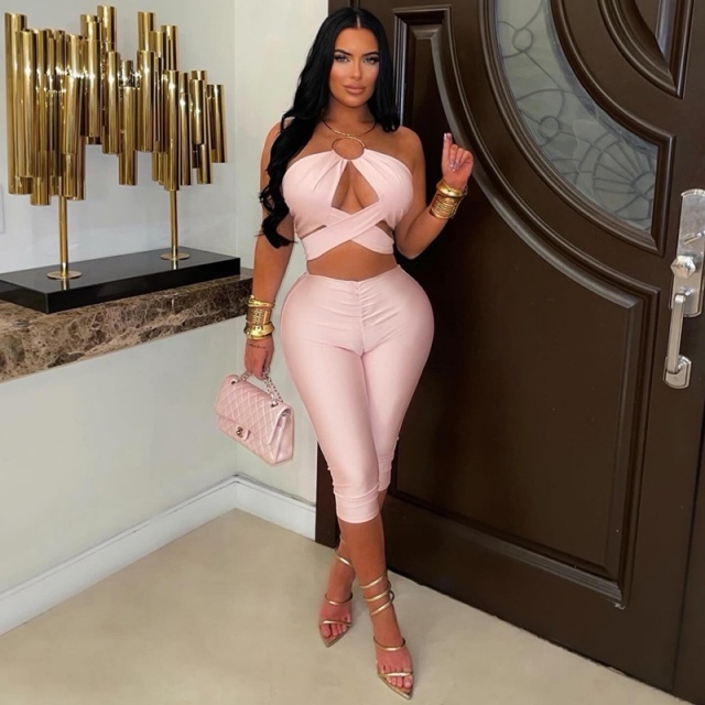 Hollow Out Halter Crop Top Midi Pant Set