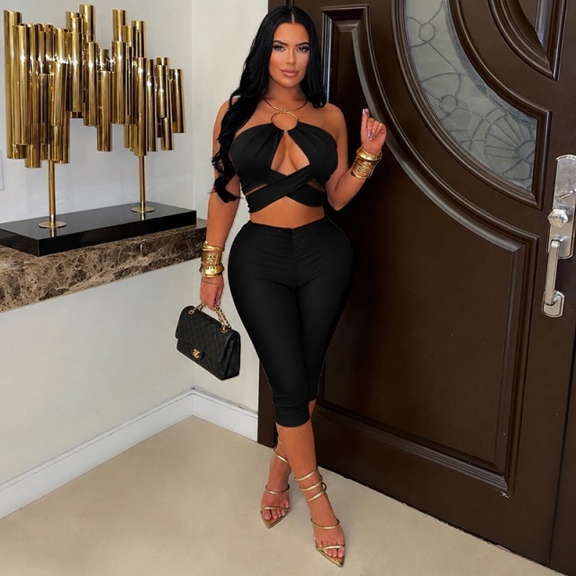 Hollow Out Halter Crop Top Midi Pant Set