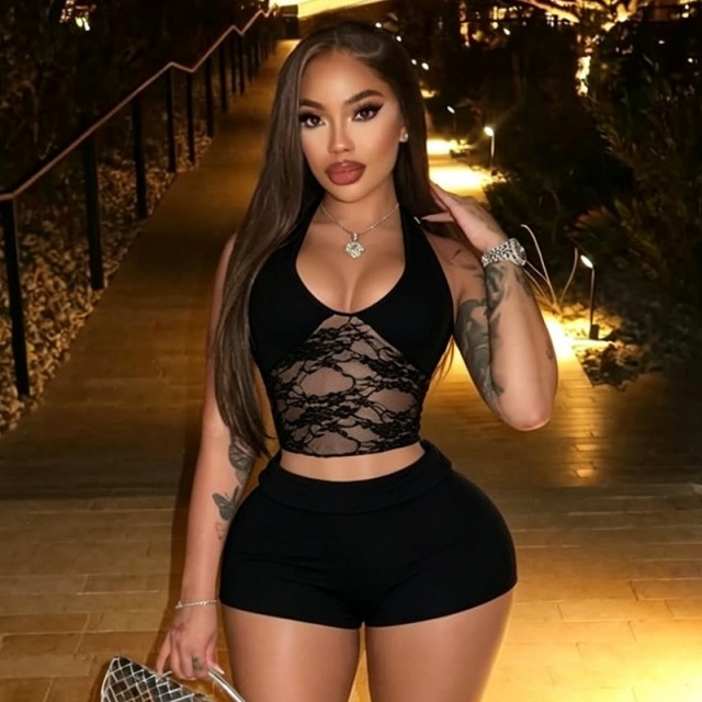 Lace Trimmed Halter Neck Backless Top Shorts Set