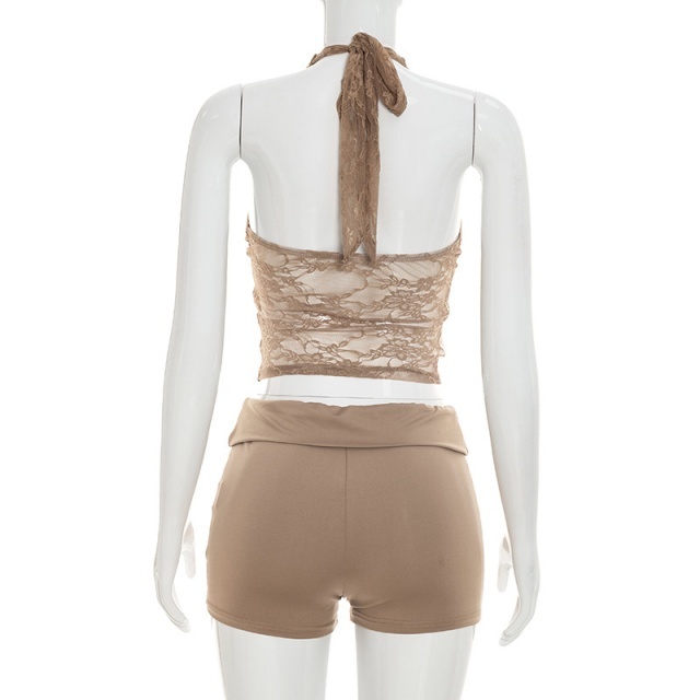 Lace Trimmed Halter Neck Backless Top Shorts Set
