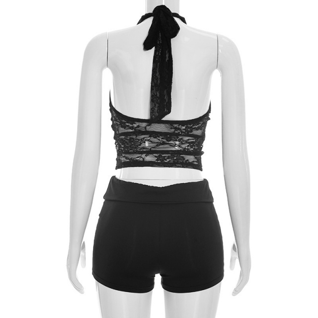 Lace Trimmed Halter Neck Backless Top Shorts Set