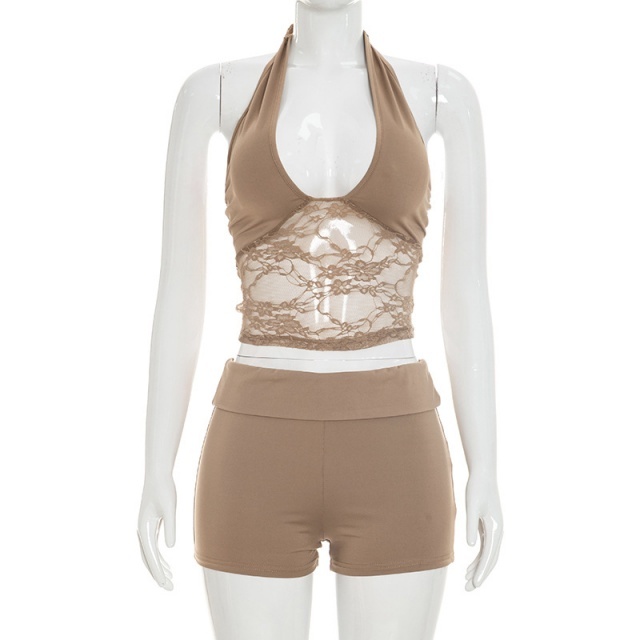 Lace Trimmed Halter Neck Backless Top Shorts Set