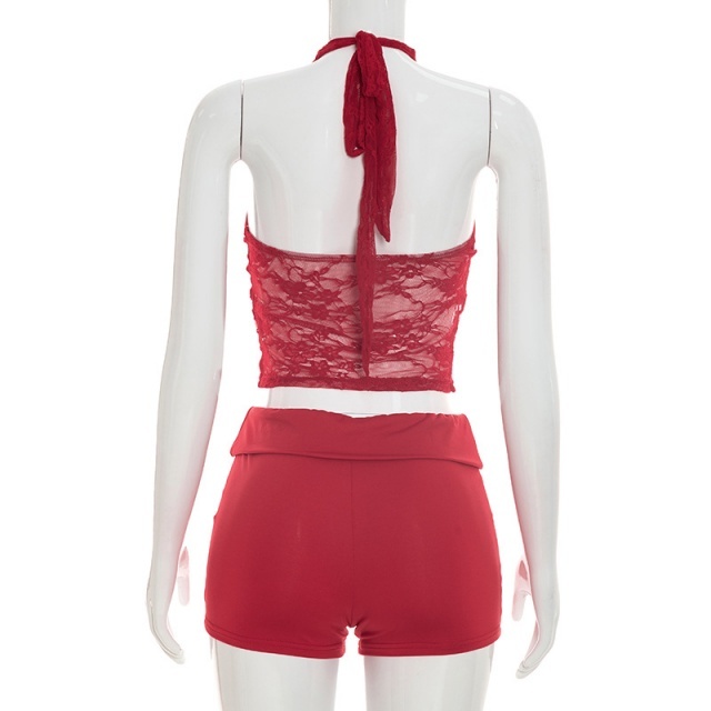 Lace Trimmed Halter Neck Backless Top Shorts Set