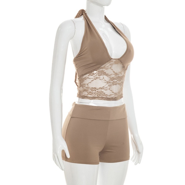 Lace Trimmed Halter Neck Backless Top Shorts Set
