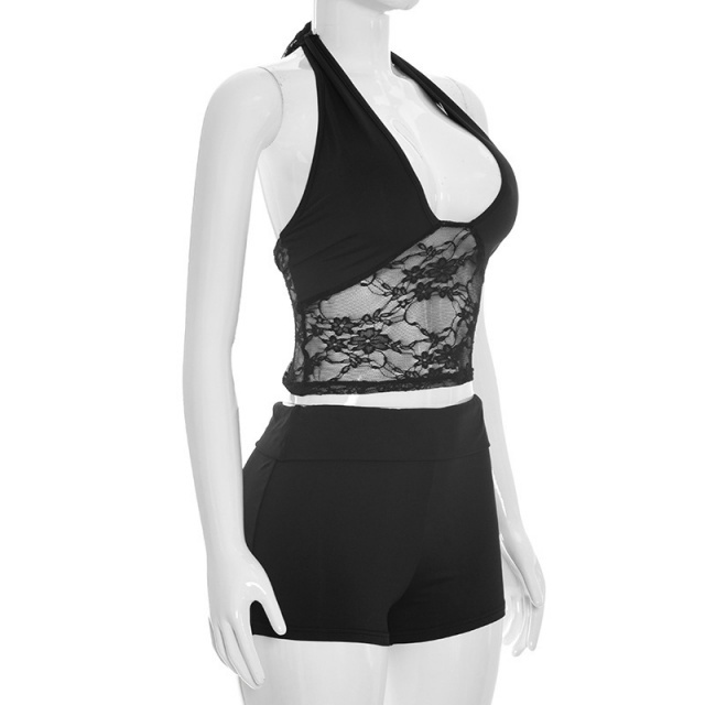 Lace Trimmed Halter Neck Backless Top Shorts Set