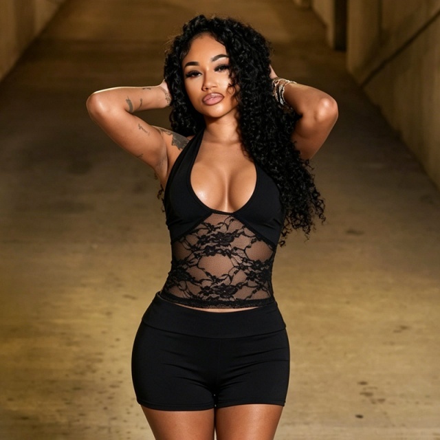Lace Trimmed Halter Neck Backless Top Shorts Set