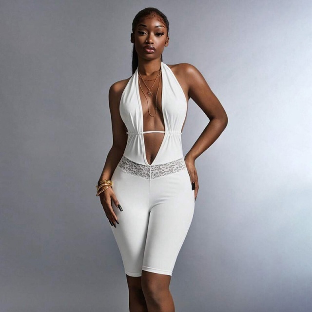 Plunging V Neck Backless Skinny Romper