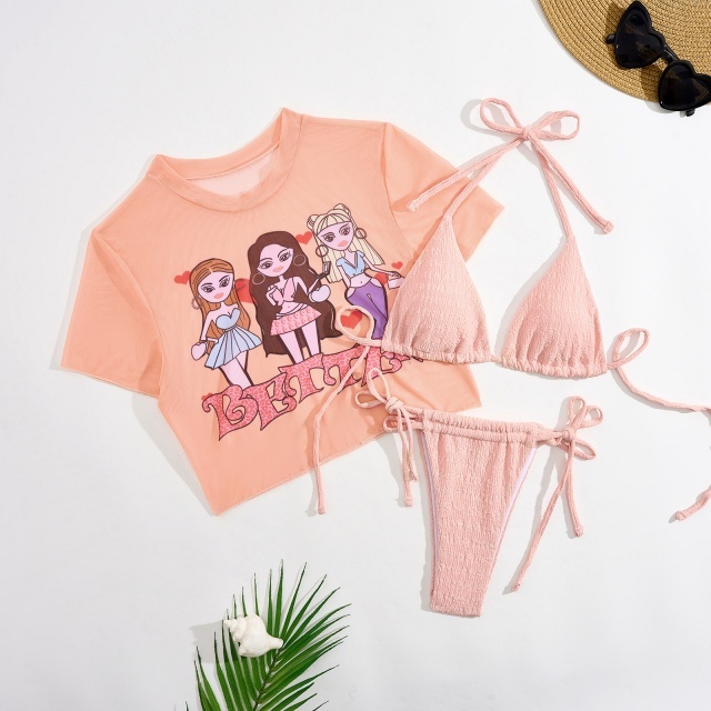 Portrait Print Drawstring Three-Piece Swimsuit Set
