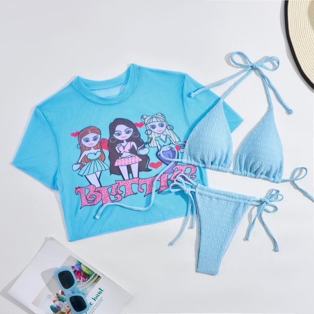 Portrait Print Drawstring Three-Piece Swimsuit Set