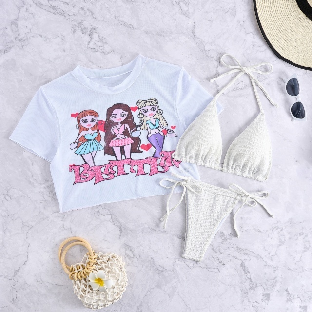 Portrait Print Drawstring Three-Piece Swimsuit Set