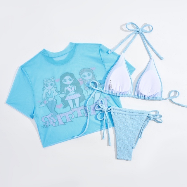 Portrait Print Drawstring Three-Piece Swimsuit Set