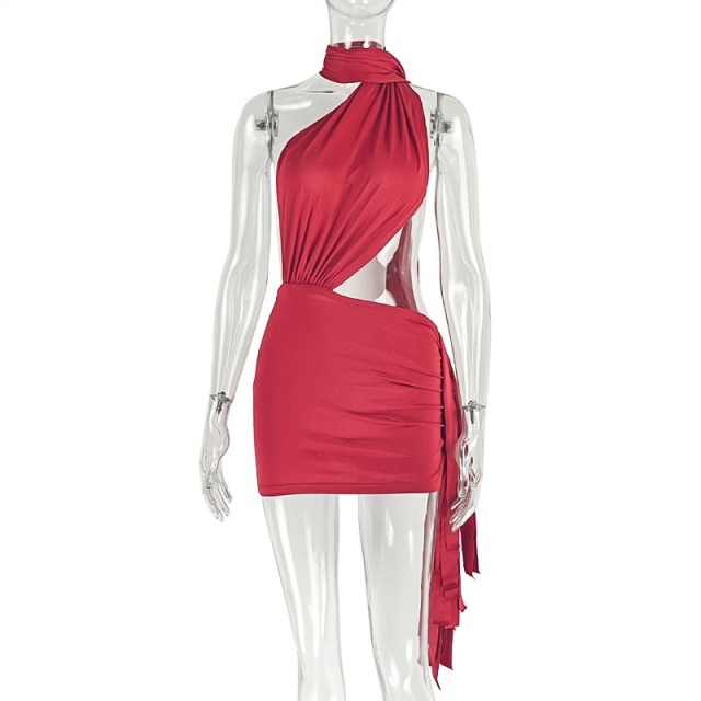 Asymmetrical Pleated Cut Out Backless Dress
