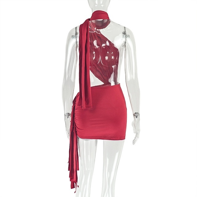 Asymmetrical Pleated Cut Out Backless Dress