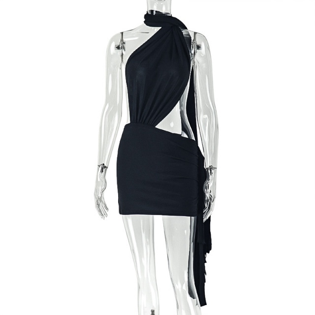 Asymmetrical Pleated Cut Out Backless Dress