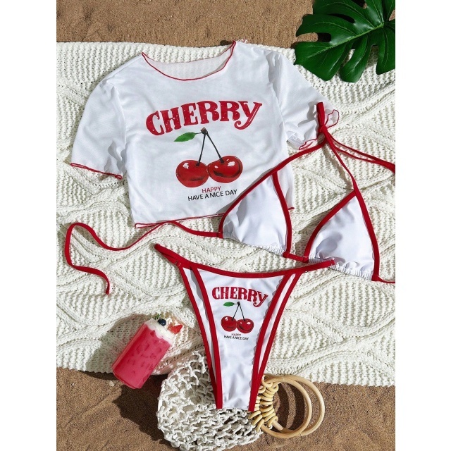 Cherry Printed Swimsuit Bikini Set 3 Pieces