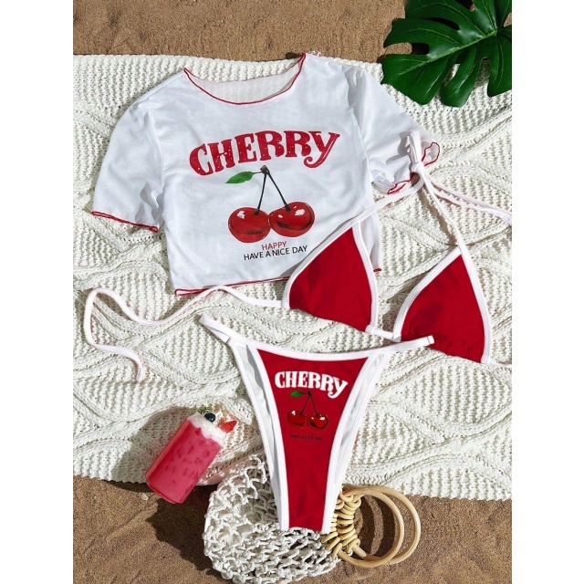 Cherry Printed Swimsuit Bikini Set 3 Pieces