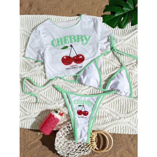 Cherry Printed Swimsuit Bikini Set 3 Pieces