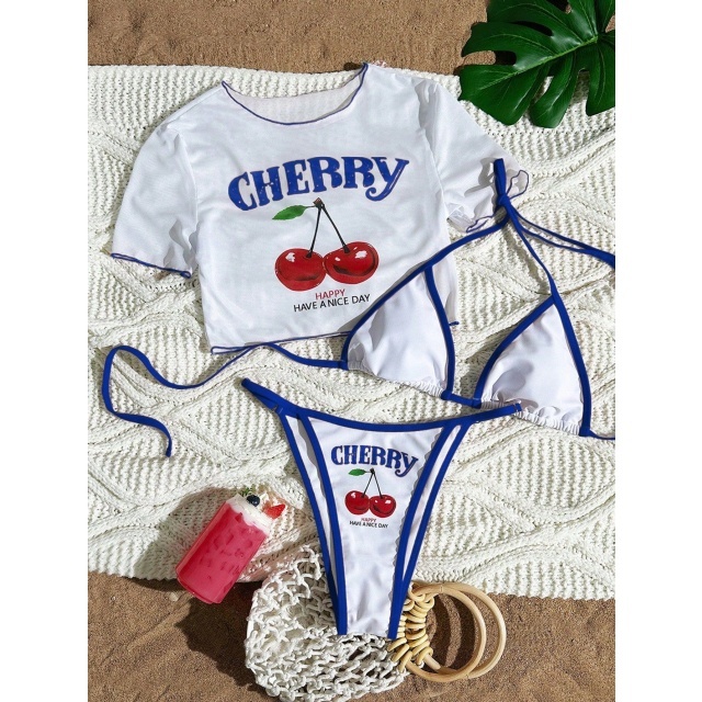 Cherry Printed Swimsuit Bikini Set 3 Pieces