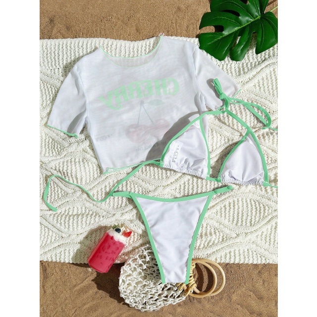 Cherry Printed Swimsuit Bikini Set 3 Pieces