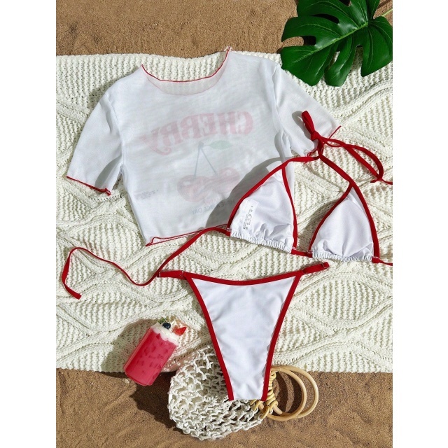 Cherry Printed Swimsuit Bikini Set 3 Pieces