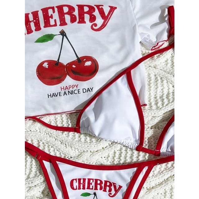 Cherry Printed Swimsuit Bikini Set 3 Pieces
