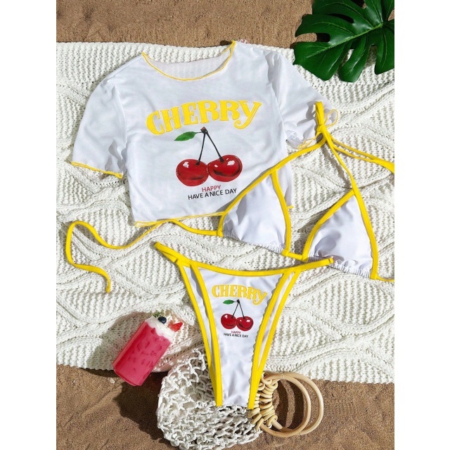 Cherry Printed Swimsuit Bikini Set 3 Pieces