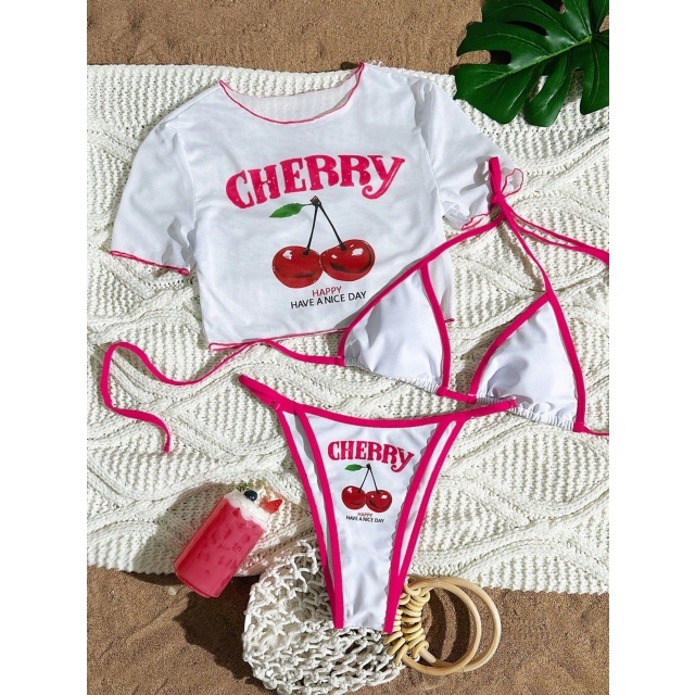 Cherry Printed Swimsuit Bikini Set 3 Pieces