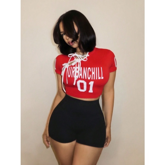 Letters Printed Hollow Out Laced Up Crop Top