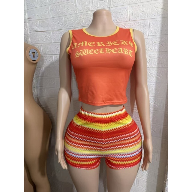 Letters Printed Tank Top Fitted Shorts Set