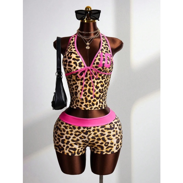 Leopard Printed Halter Crop Top Fitted Short Set