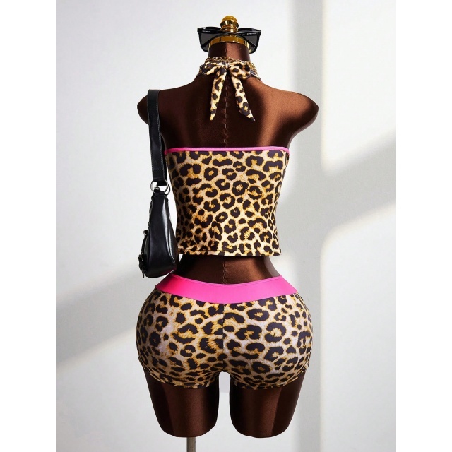 Leopard Printed Halter Crop Top Fitted Short Set