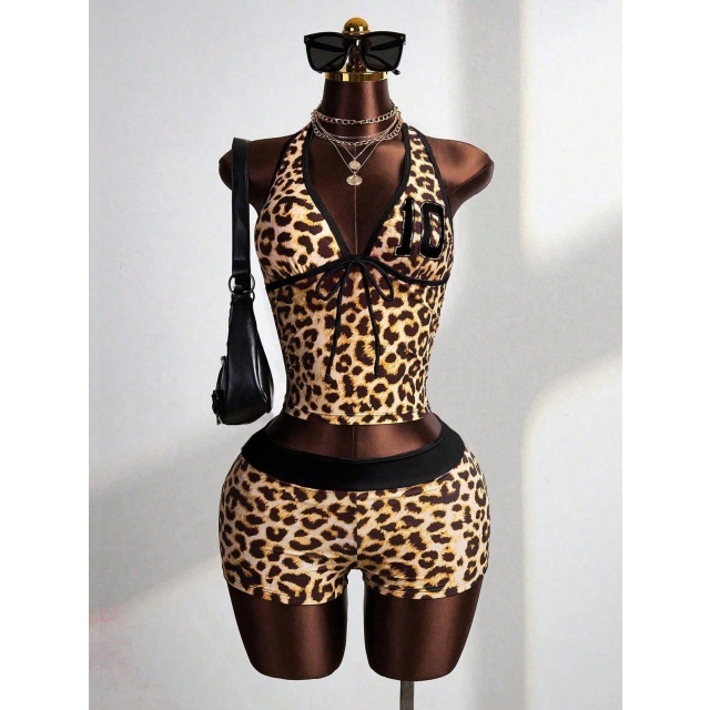 Leopard Printed Halter Crop Top Fitted Short Set