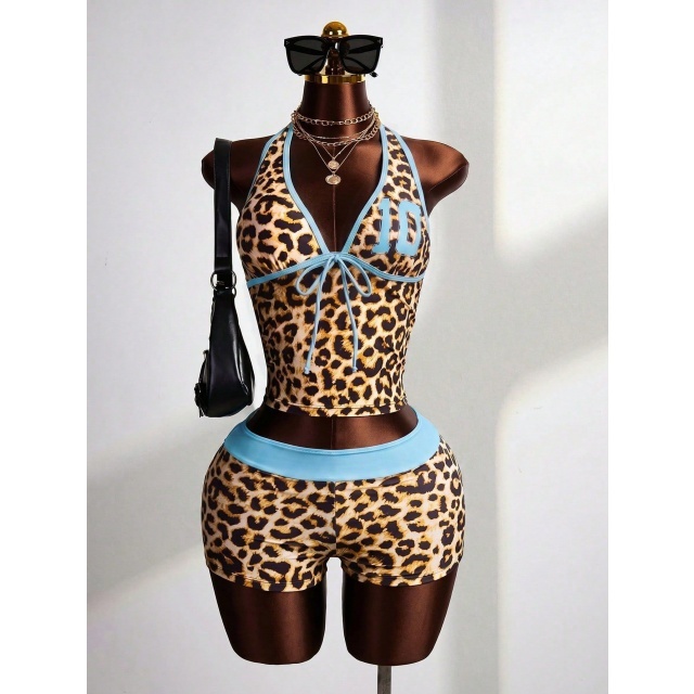 Leopard Printed Halter Crop Top Fitted Short Set