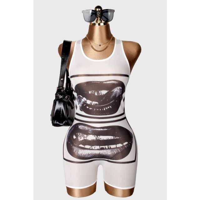 Printed Sleeveless See Through Fitted Romper