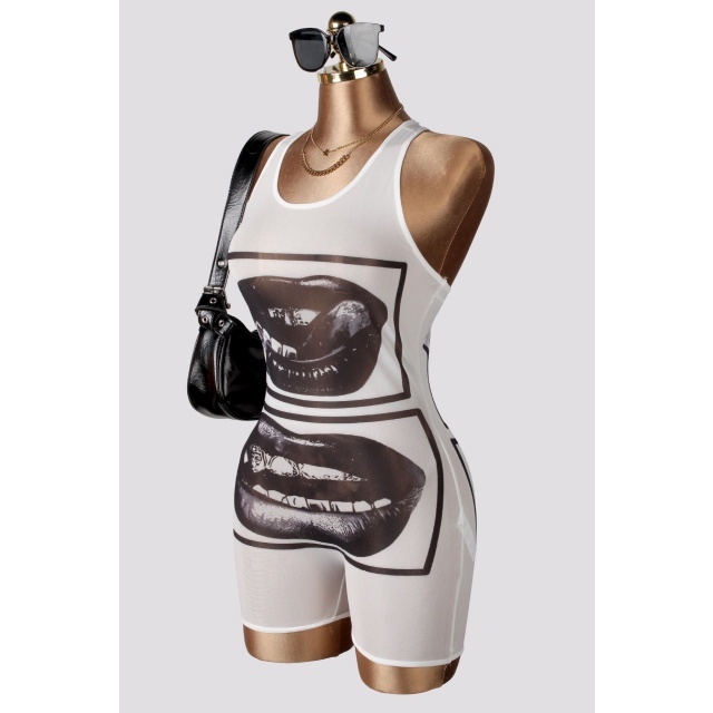 Printed Sleeveless See Through Fitted Romper