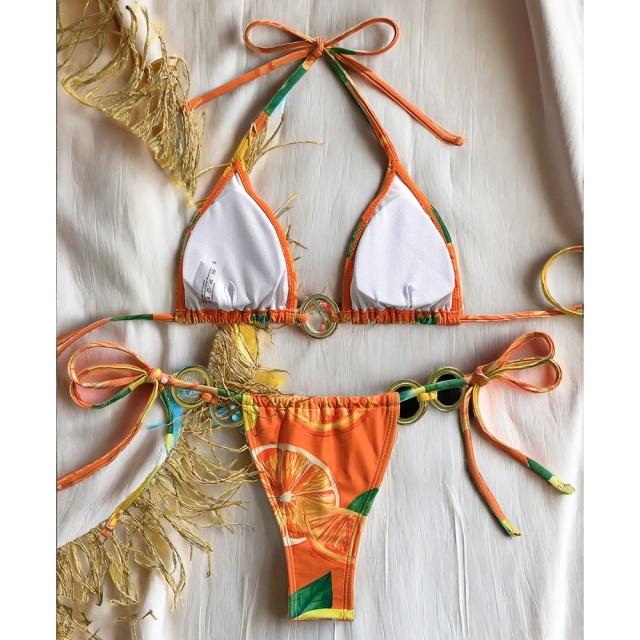 Lemon Printed Metal Ring Strappy Bikini Set
