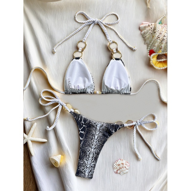 Snakeskin-print Metal Ring Bikini Set