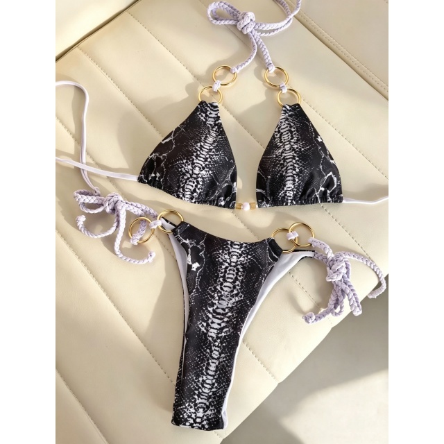 Snakeskin-print Metal Ring Bikini Set