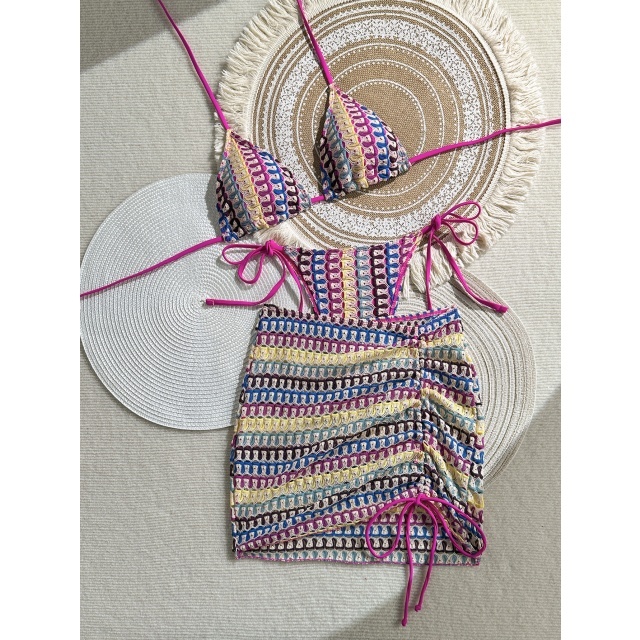 Chic Printed Bikinis Set with Ruched Skirt 3 Pieces