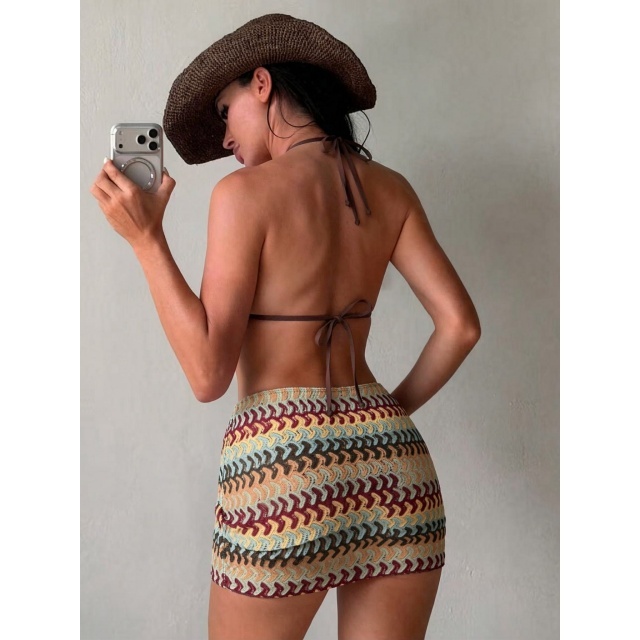 Chic Printed Bikinis Set with Ruched Skirt 3 Pieces