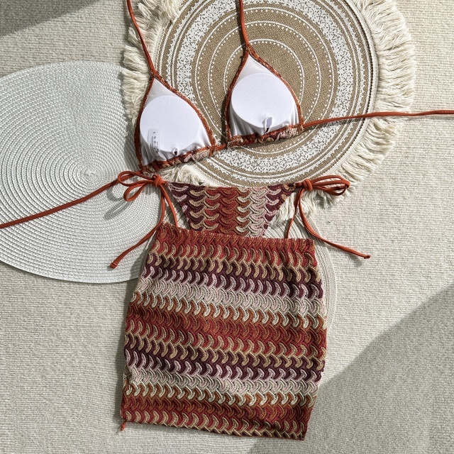 Chic Printed Bikinis Set with Ruched Skirt 3 Pieces